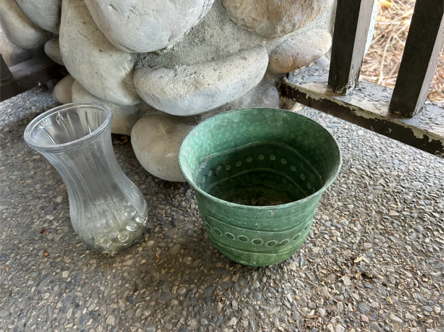 Green Flower Pot & Glass Vase