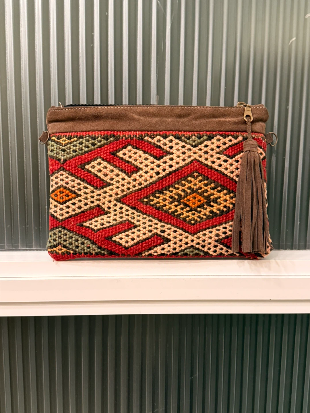 Suede Clutch Bag with Vintage Rug Details from Morocco