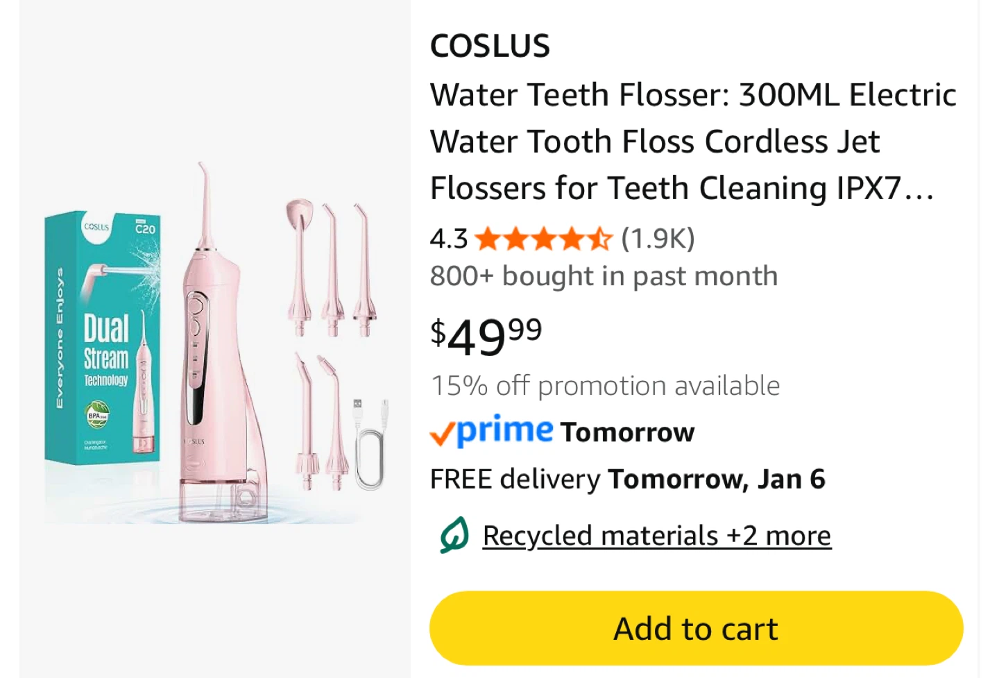 *NEW - COSLUS Water Teeth Flosser - Absolute Cherry Pink - photo 4