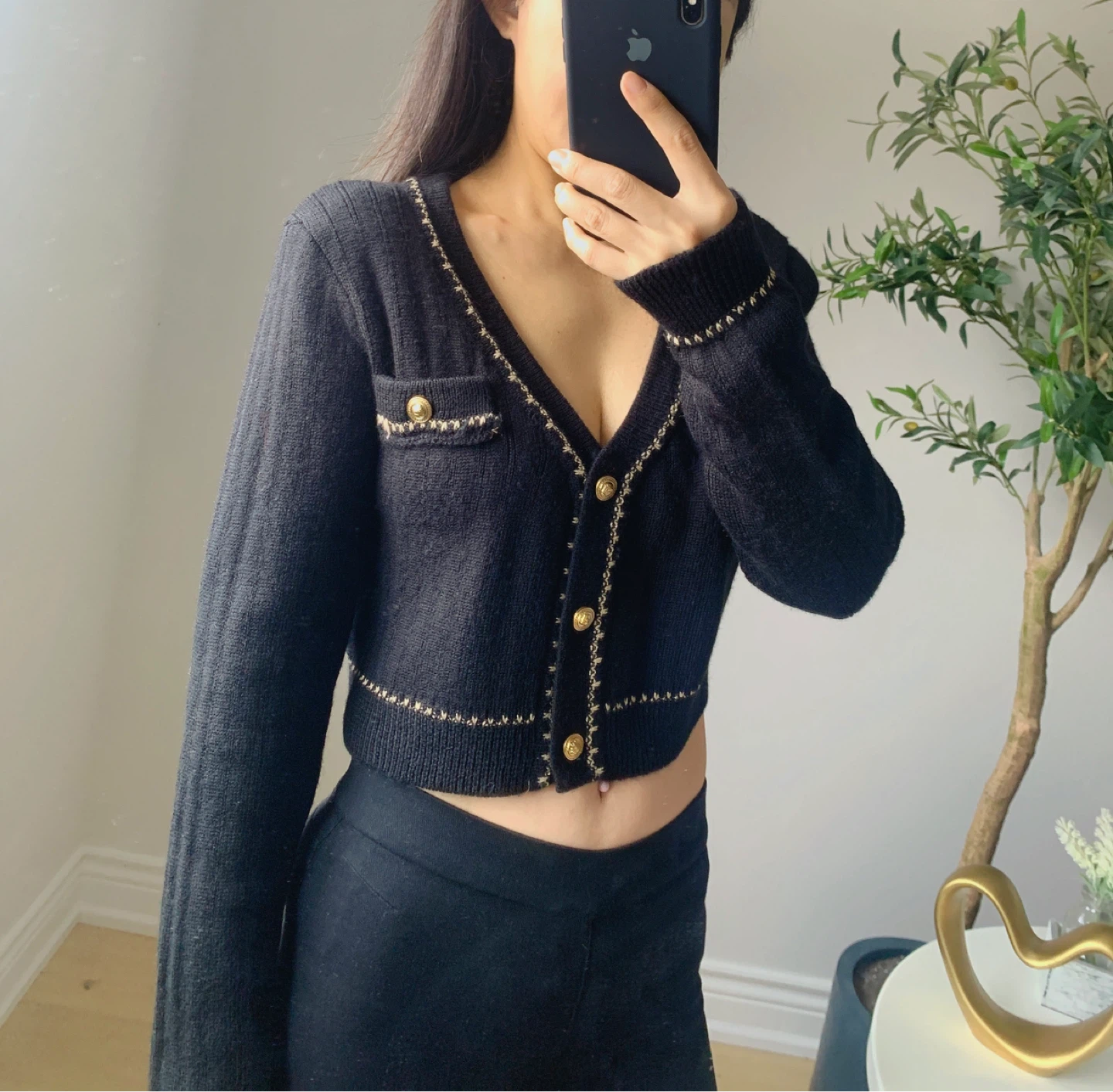 Black Cropped Knit Cardigan with Gold Trim | S–M
