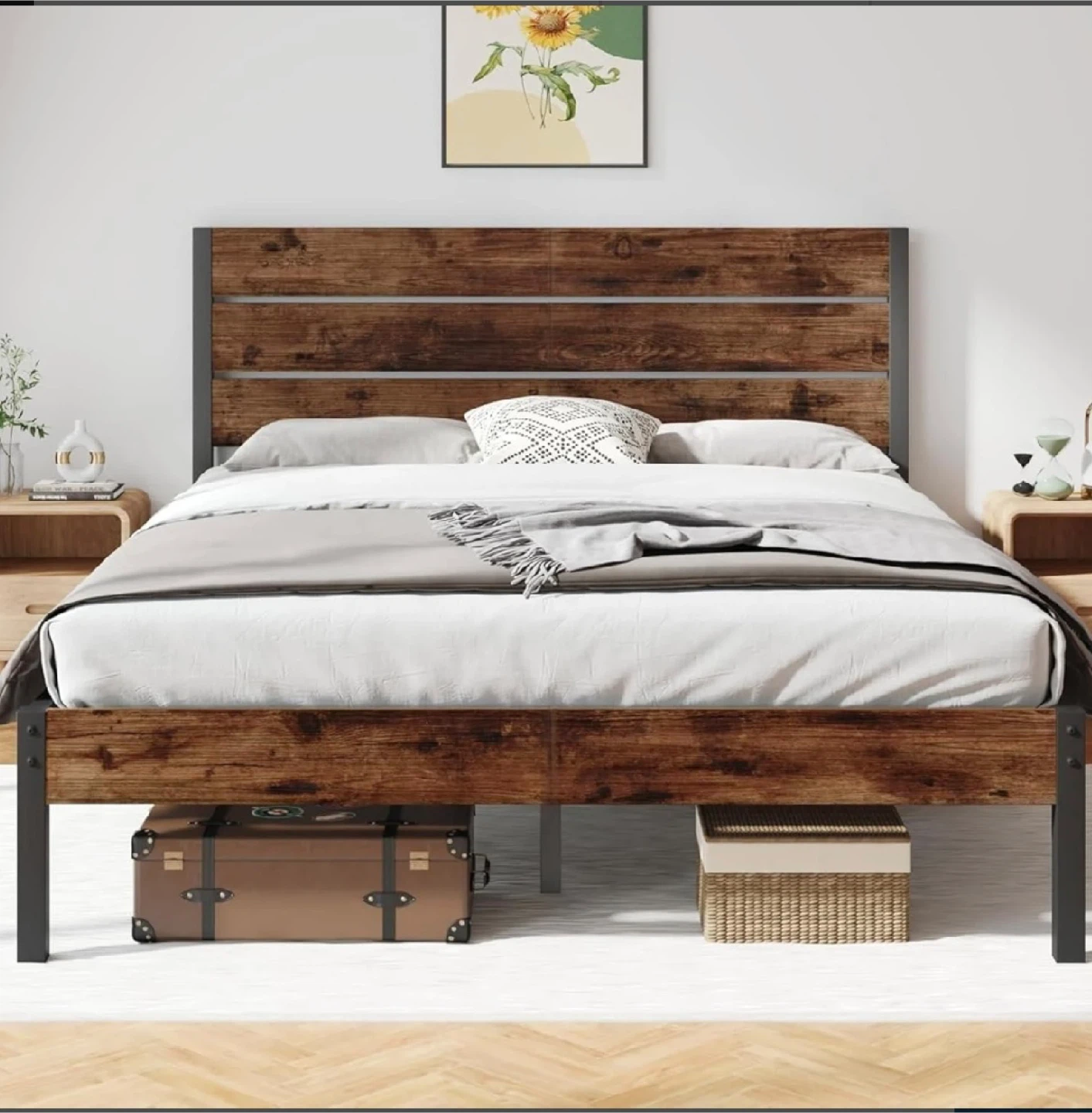 Queen Size Bed Frame with Wood Headboard