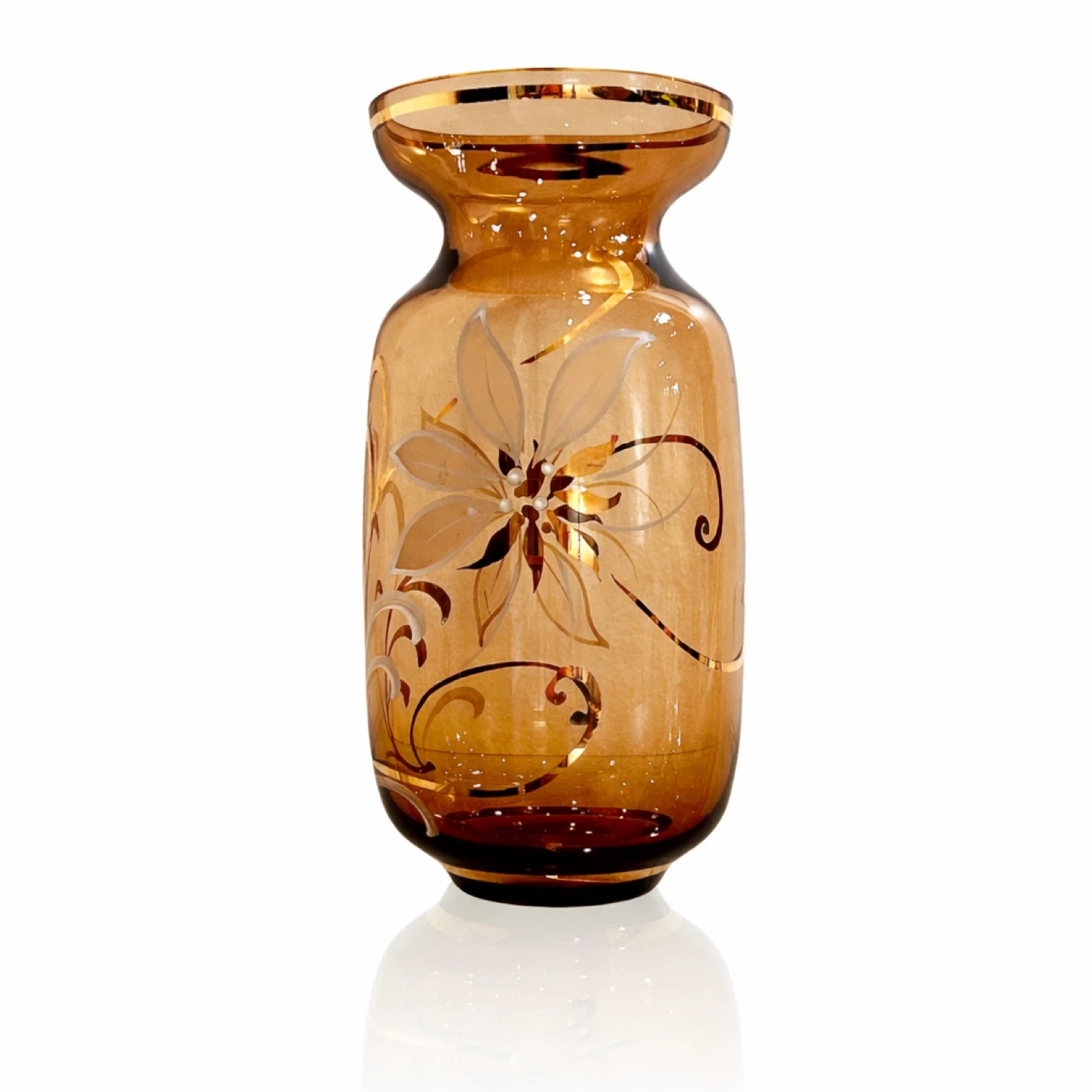Mid-Century Amber Art Glass Vase, Hand-Painted Enamel Florals - photo 3