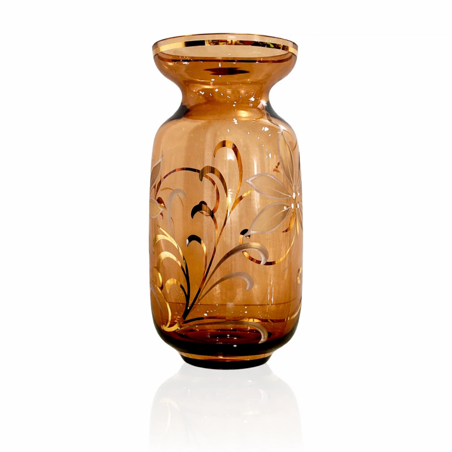 Mid-Century Amber Art Glass Vase, Hand-Painted Enamel Florals - photo 2