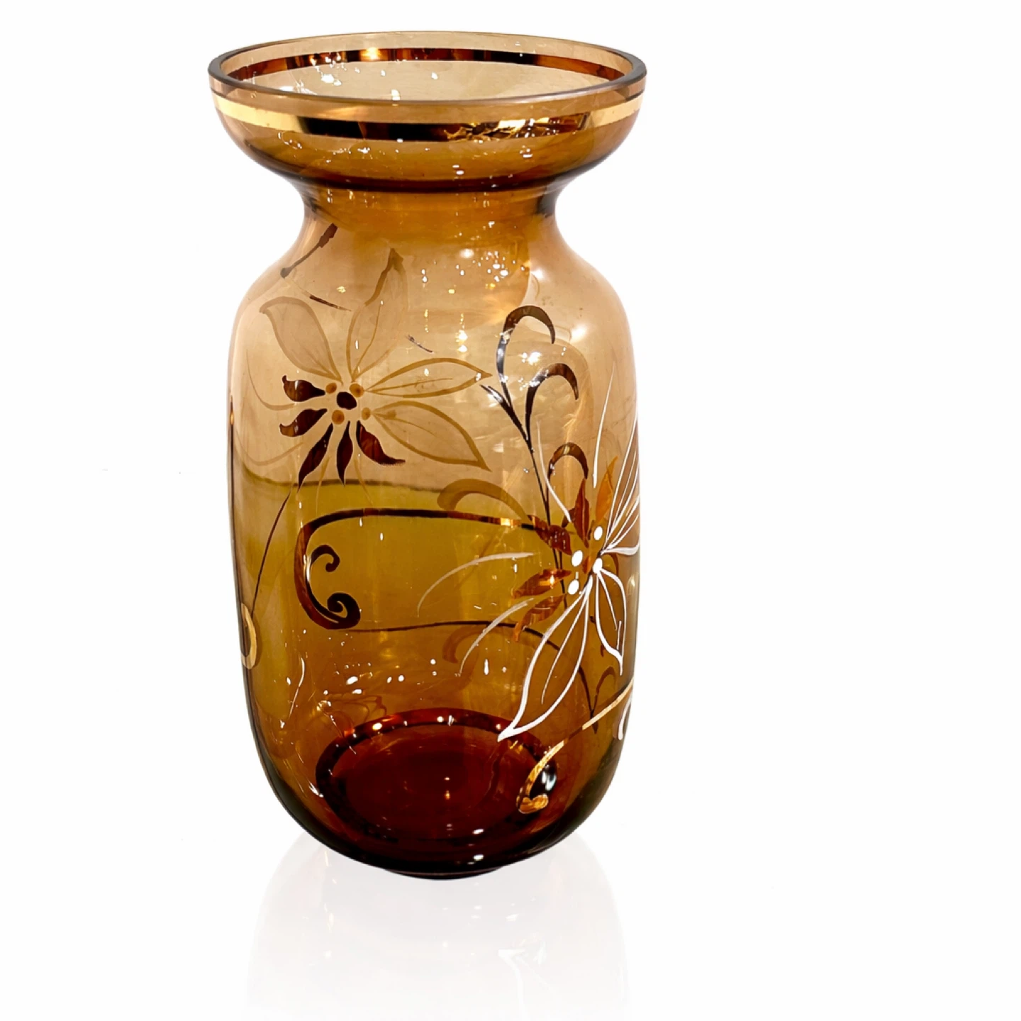 Mid-Century Amber Art Glass Vase, Hand-Painted Enamel Florals