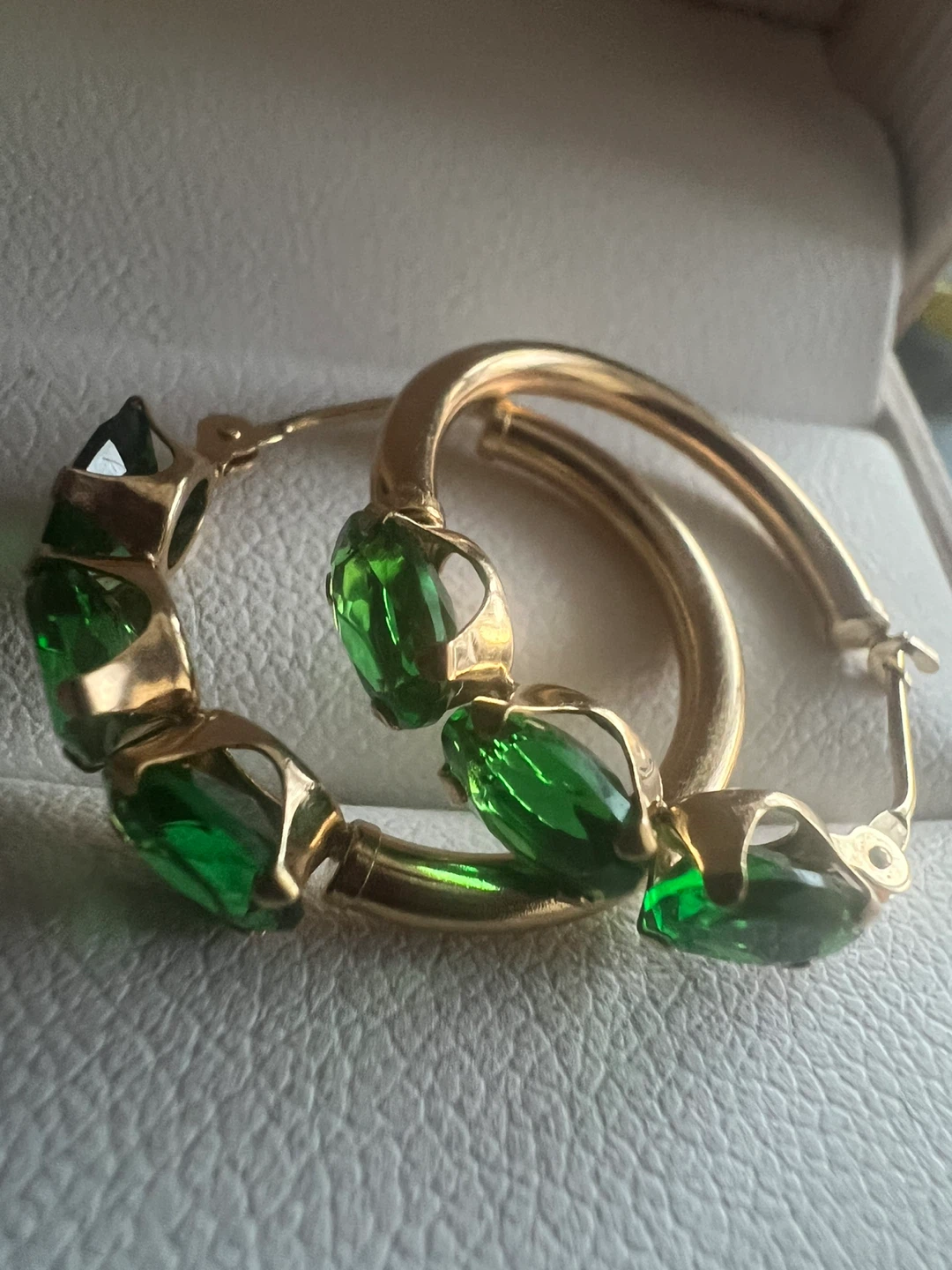 14 k Gold Hoop Earrings with lab emeralds