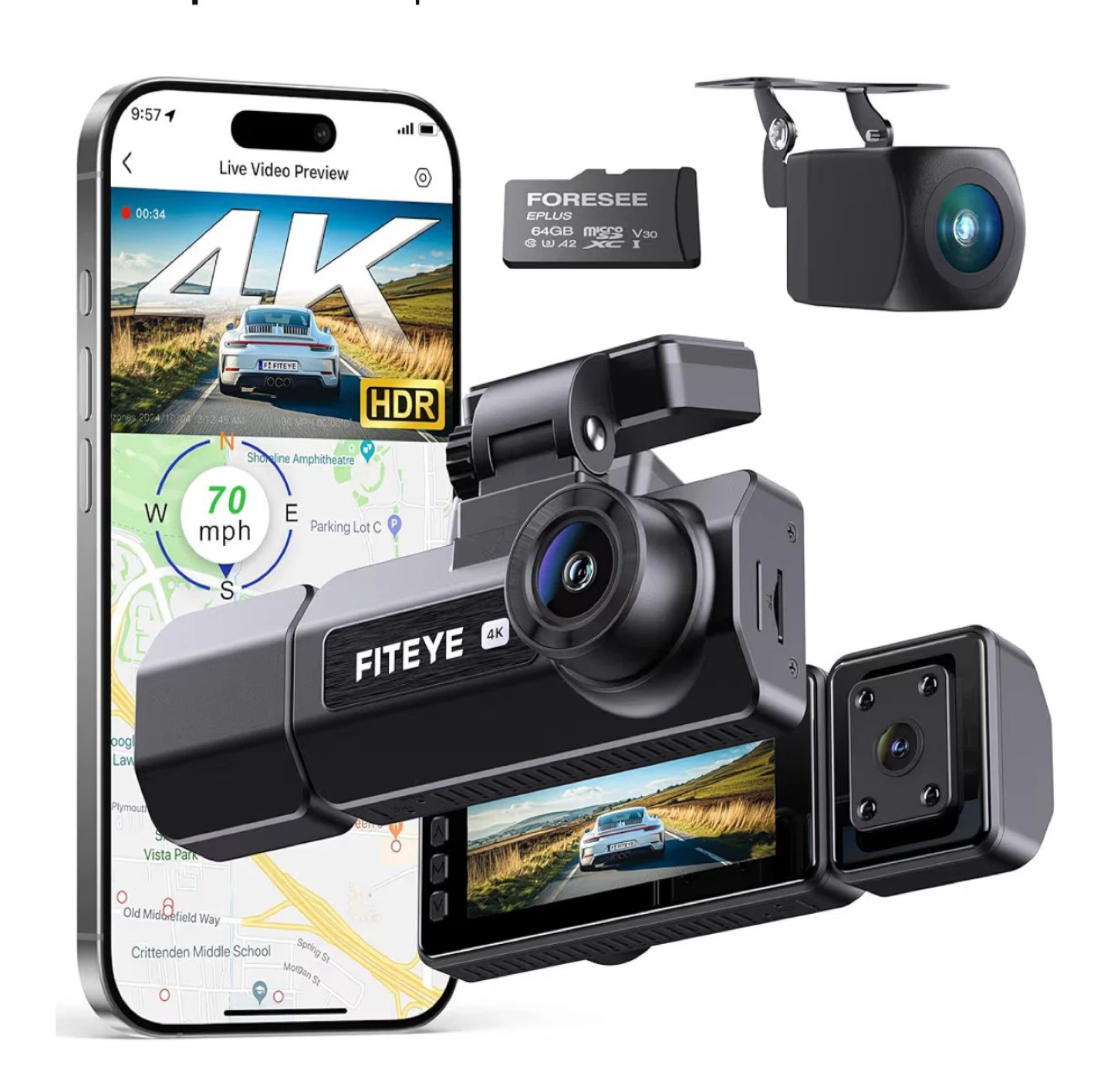 FITEYE 4K Dash Cam with 64GB Micro SD