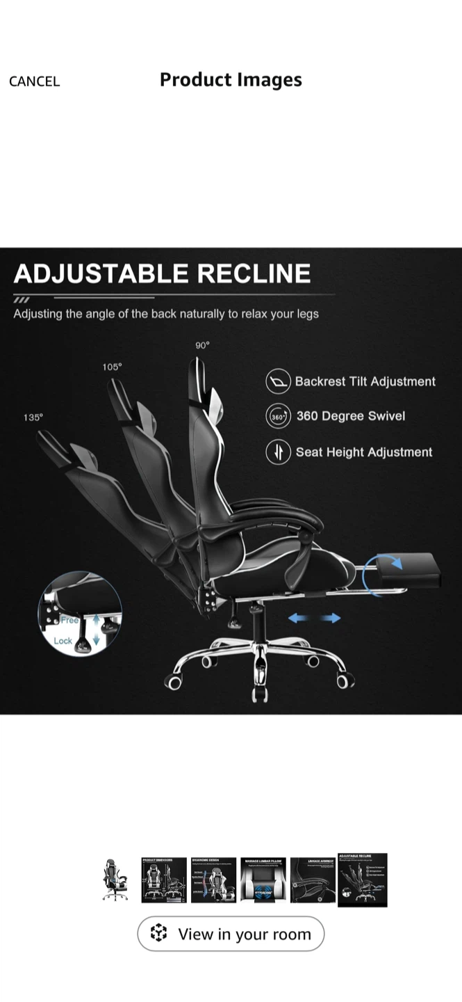 GTRACING Gaming Chair - Adjustable Recline & Lumbar Support - photo 5
