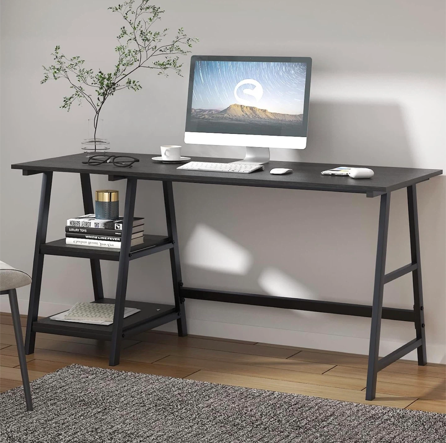 Modern 55" Computer Desk with Storage Shelves (Like New)