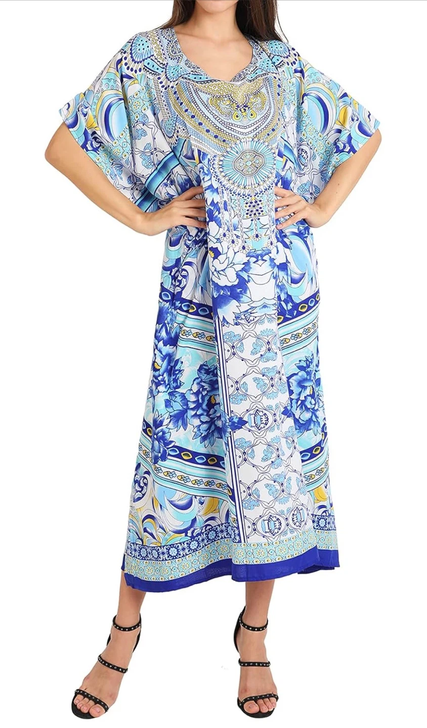 NEW! Miss Lavish London Stunning Blue Floral Print Kaftan Dress - photo 3