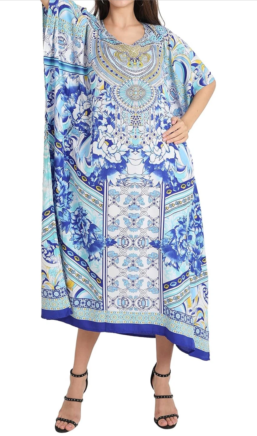 NEW! Miss Lavish London Stunning Blue Floral Print Kaftan Dress