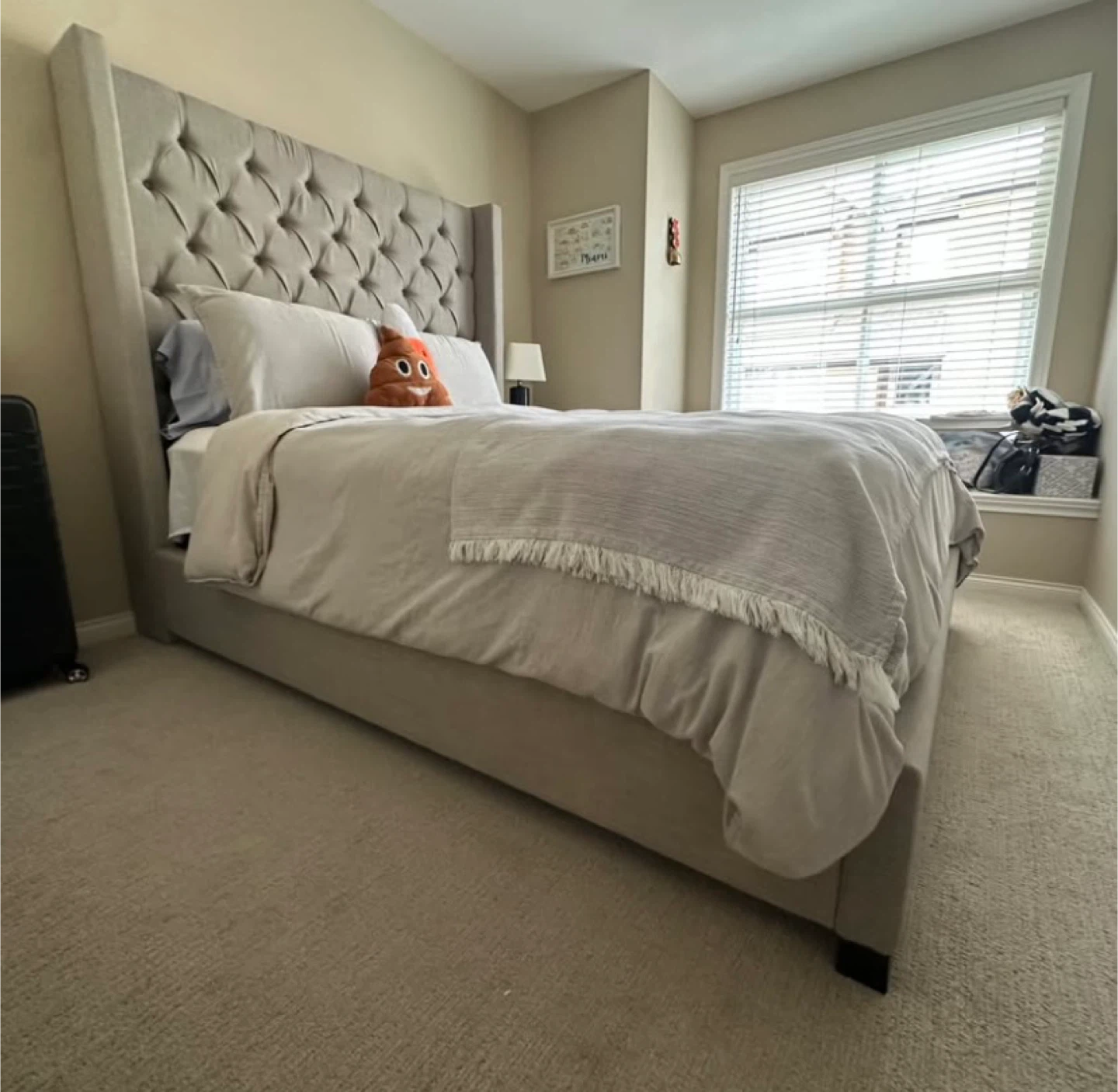 Modern Grey Upholstered Queen Bed Frame Headboard – Like New - photo 2
