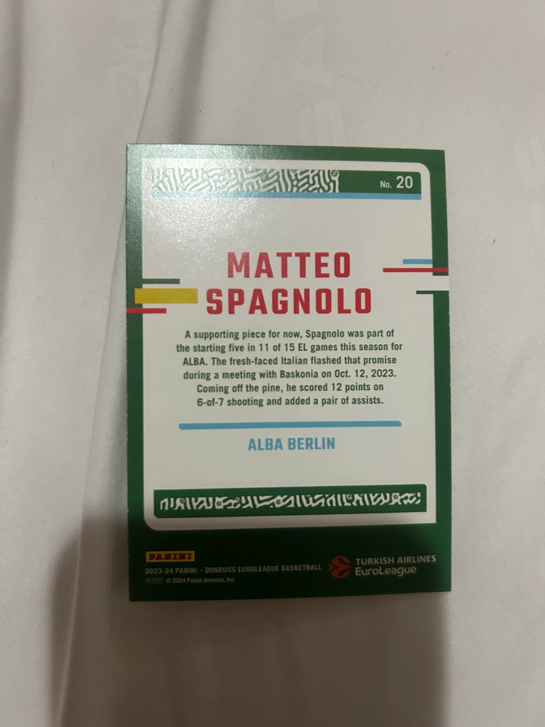 Matteo Spagnolo Panini Donruss Euroleague Basketball Card - photo 2