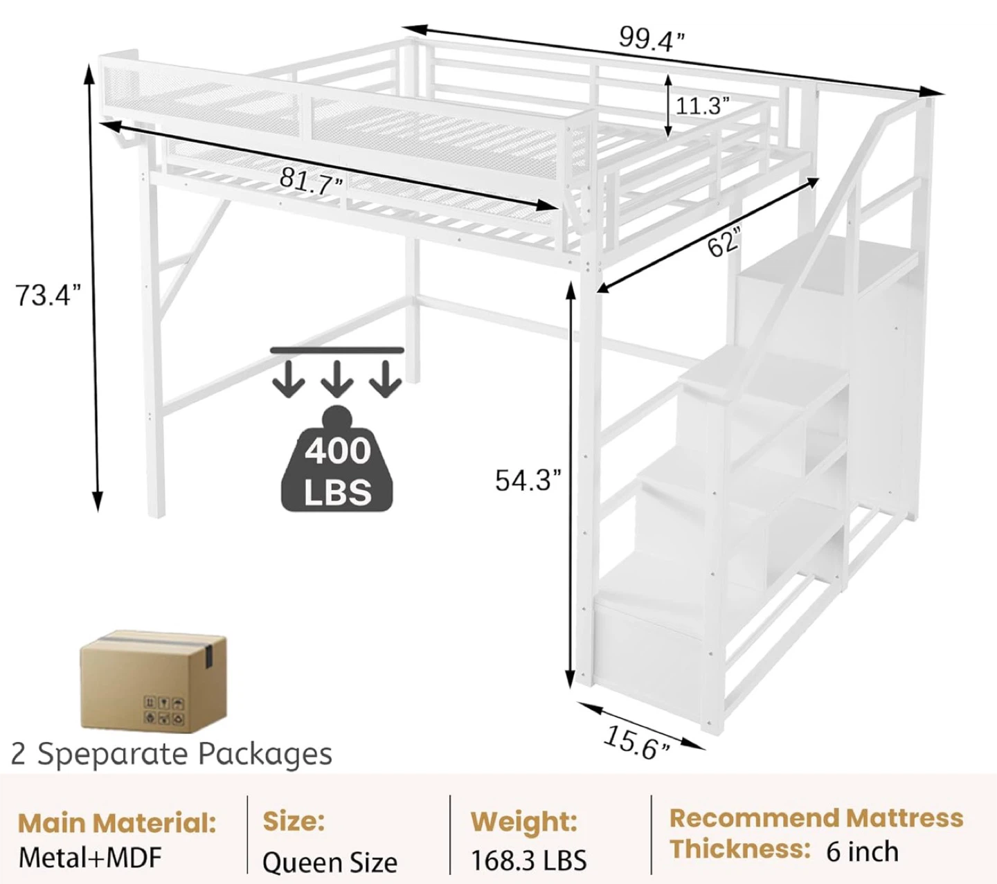 Queen Size White Metal Loft Bed Frame - photo 4