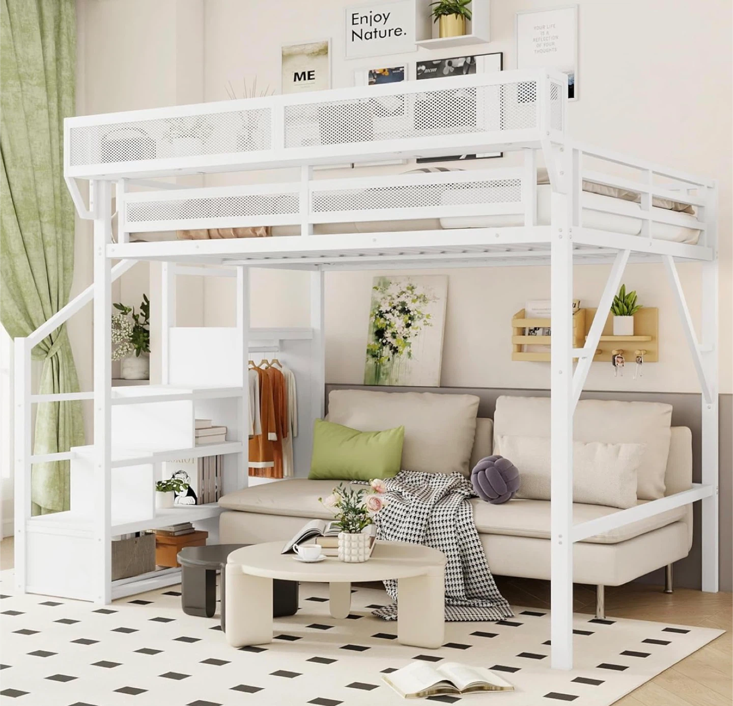 Queen Size White Metal Loft Bed Frame