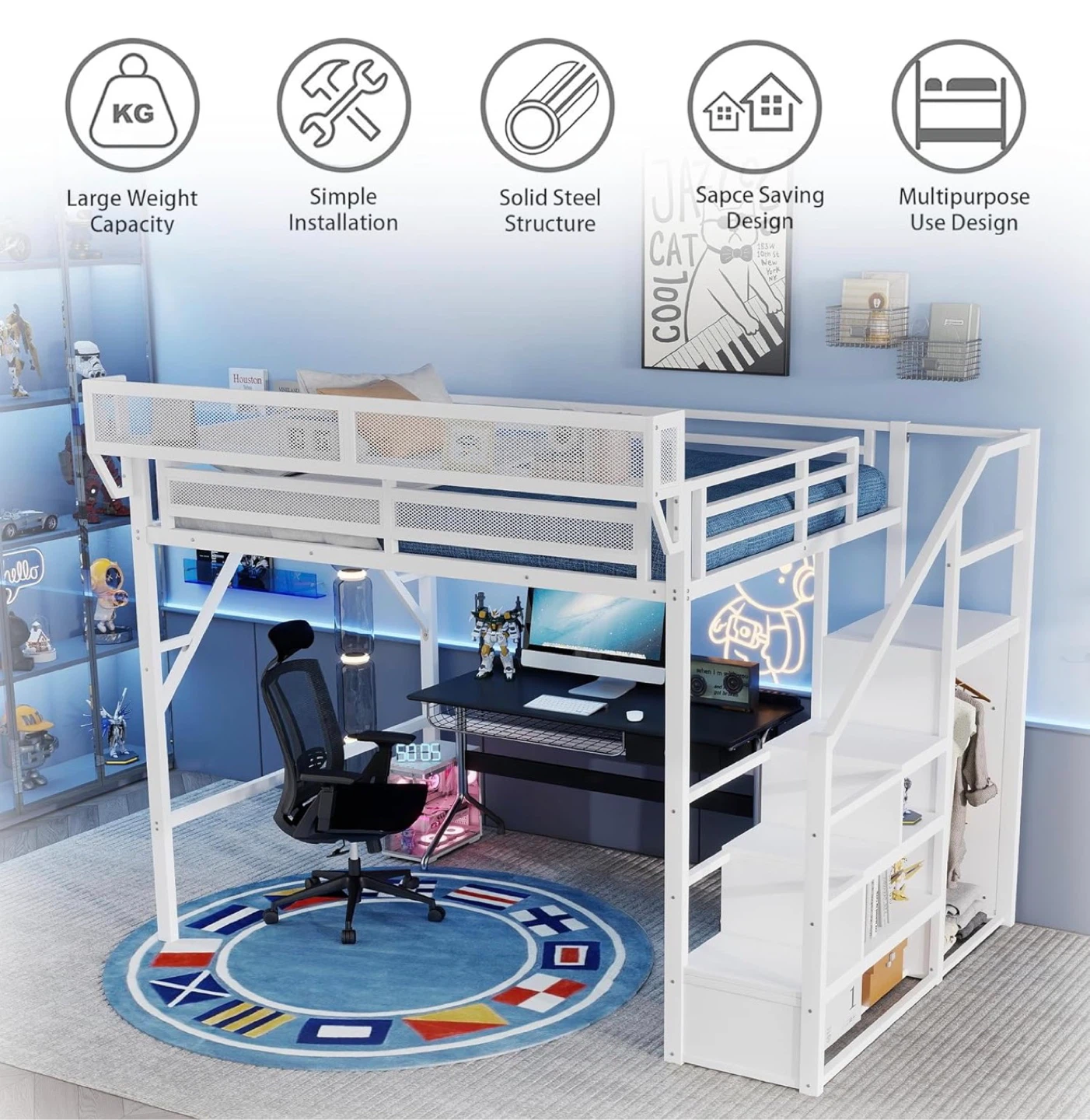 Queen Size White Metal Loft Bed Frame - photo 3
