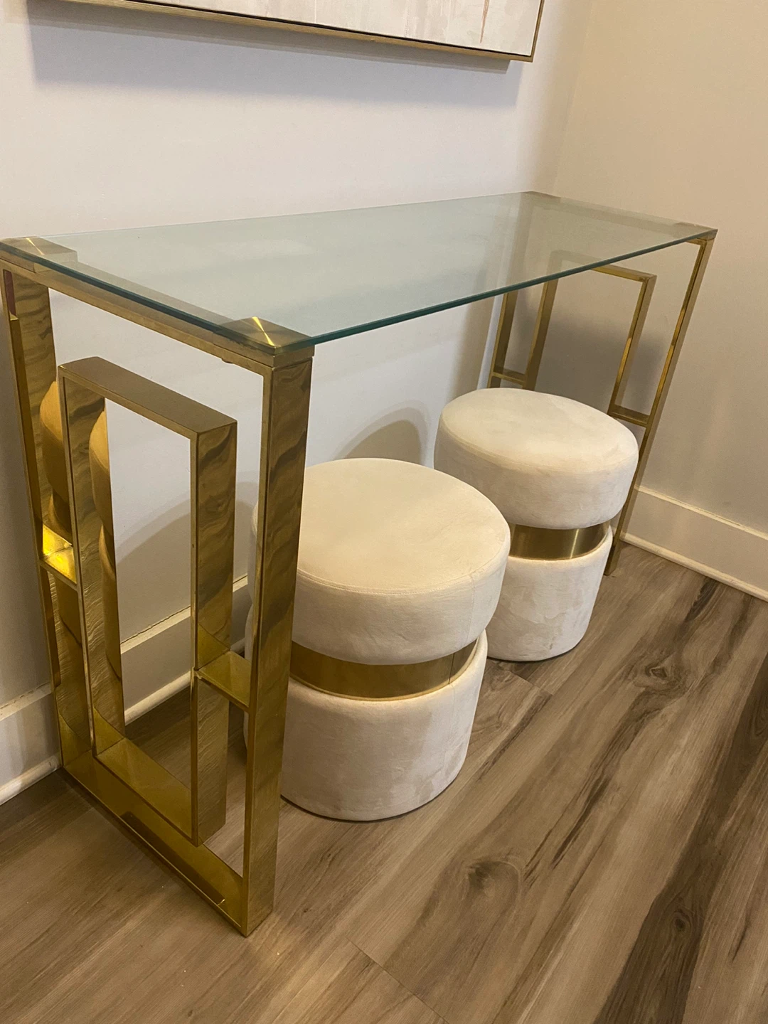Gold Console Table with 2 Round Stools