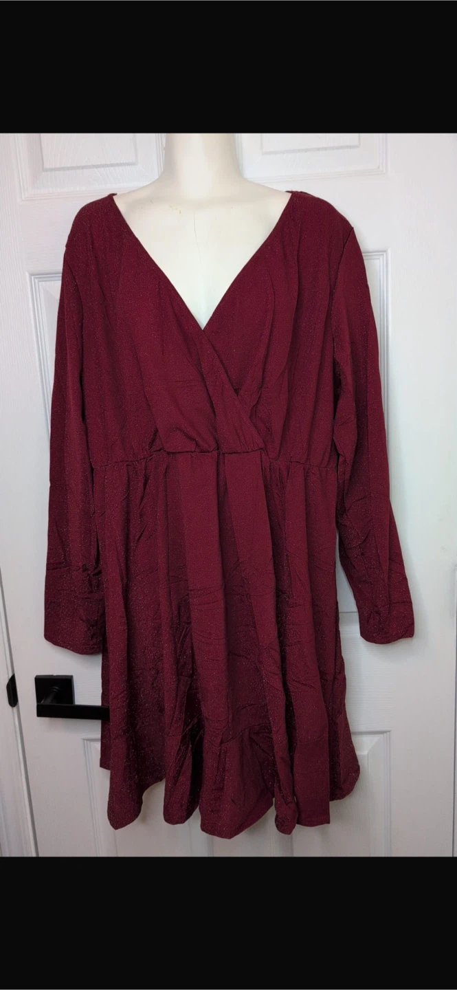 NEW! Burgundy Plus Size Long Sleeve Glitter Ruffle Hem Dress - photo 5
