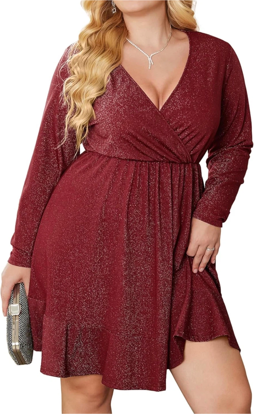 NEW! Burgundy Plus Size Long Sleeve Glitter Ruffle Hem Dress