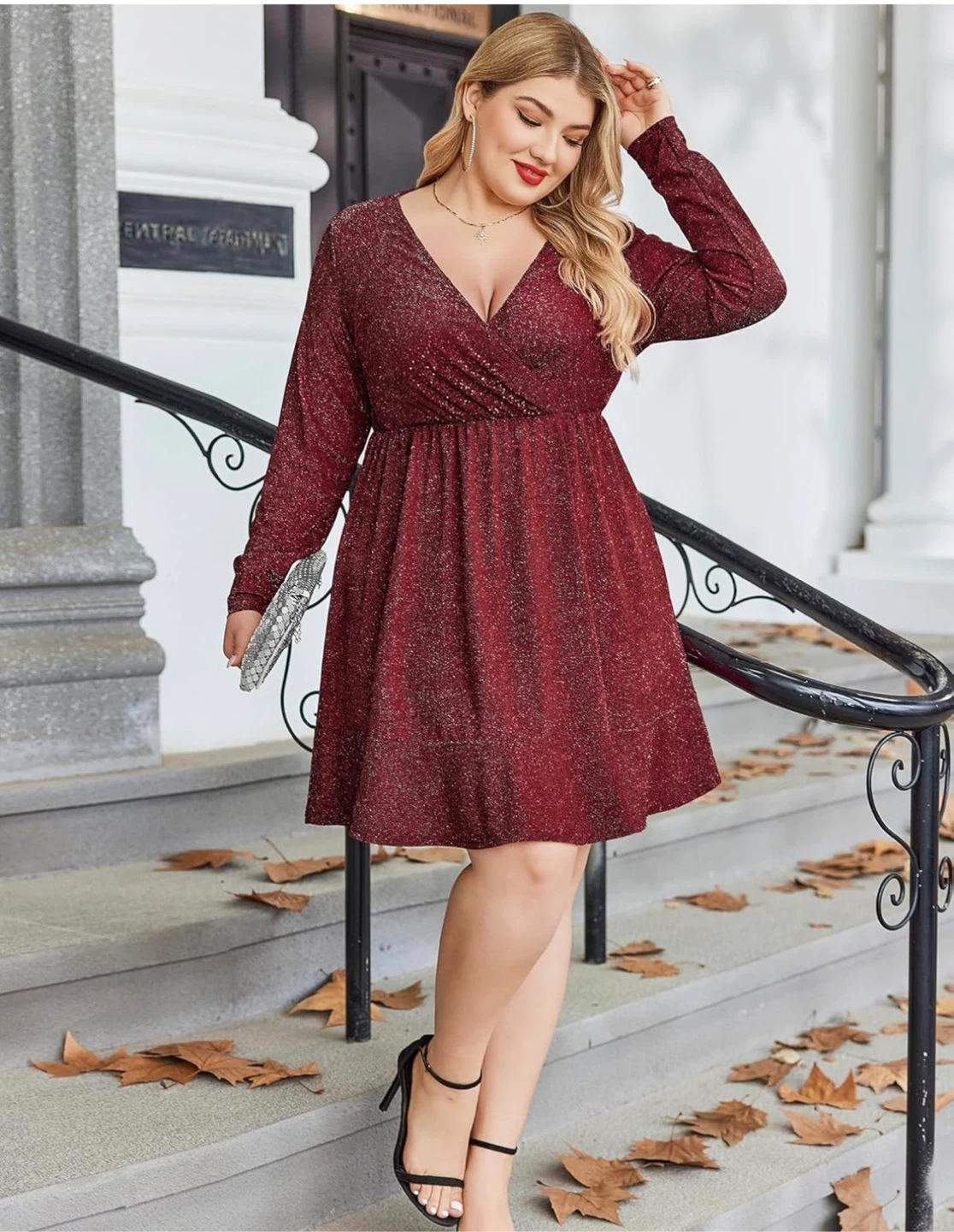 NEW! Burgundy Plus Size Long Sleeve Glitter Ruffle Hem Dress - photo 3