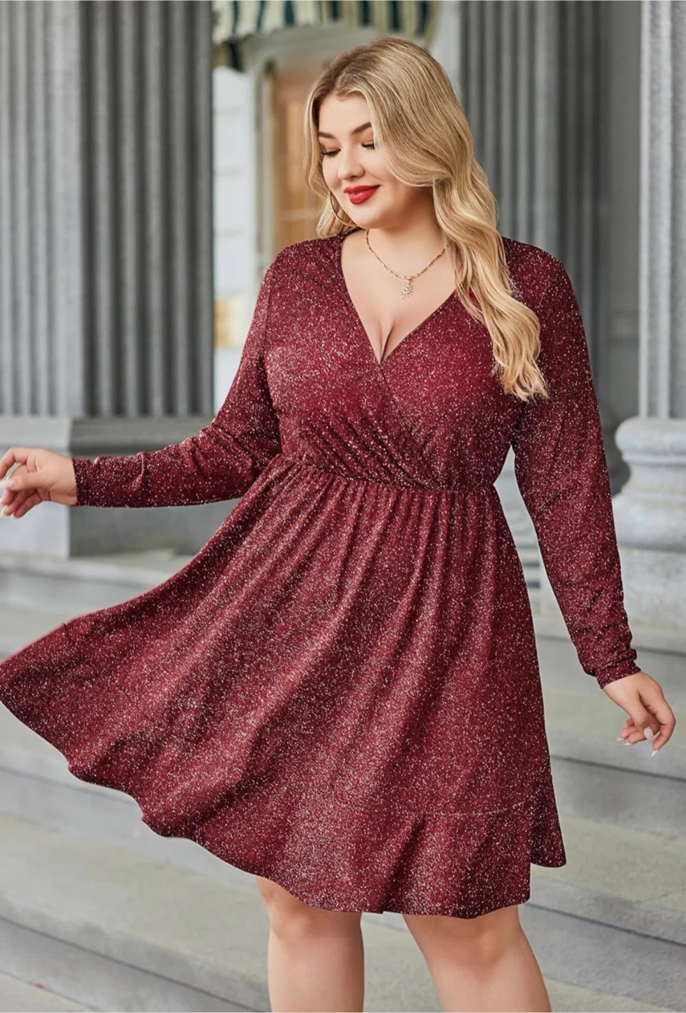 NEW! Burgundy Plus Size Long Sleeve Glitter Ruffle Hem Dress - photo 2