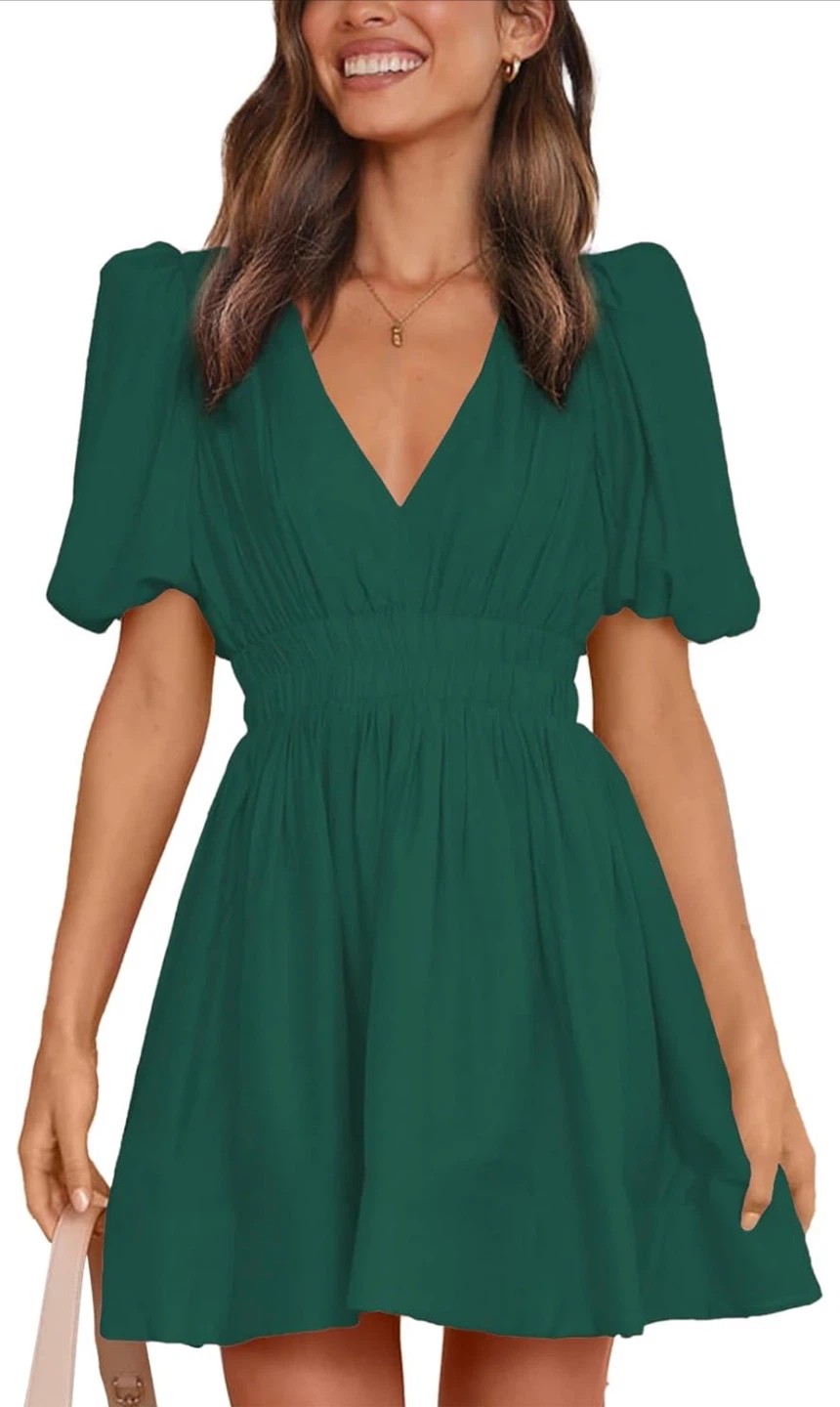 NEW! Outfeel Puff Sleeve Sexy Flowy V-Neck Mini Dress