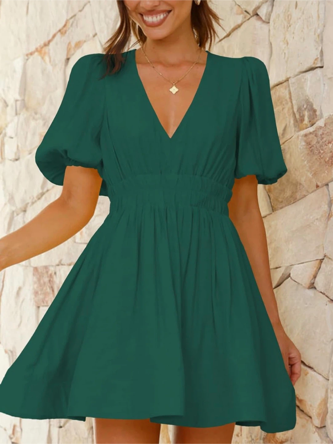 NEW! Outfeel Puff Sleeve Sexy Flowy V-Neck Mini Dress - photo 2