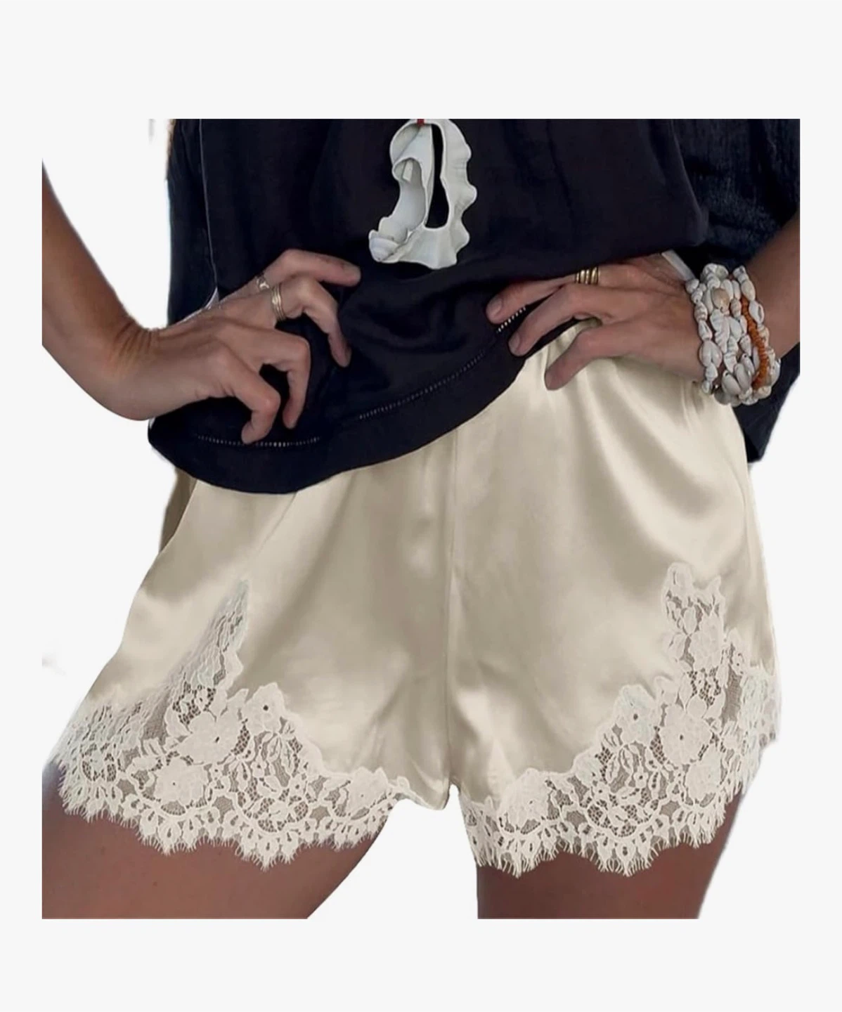 Lace Trimmed Silk  Shorts - Size M