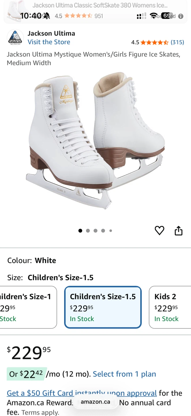 Jackson Ultima Mystique Ice Skates - Child Size 1.5