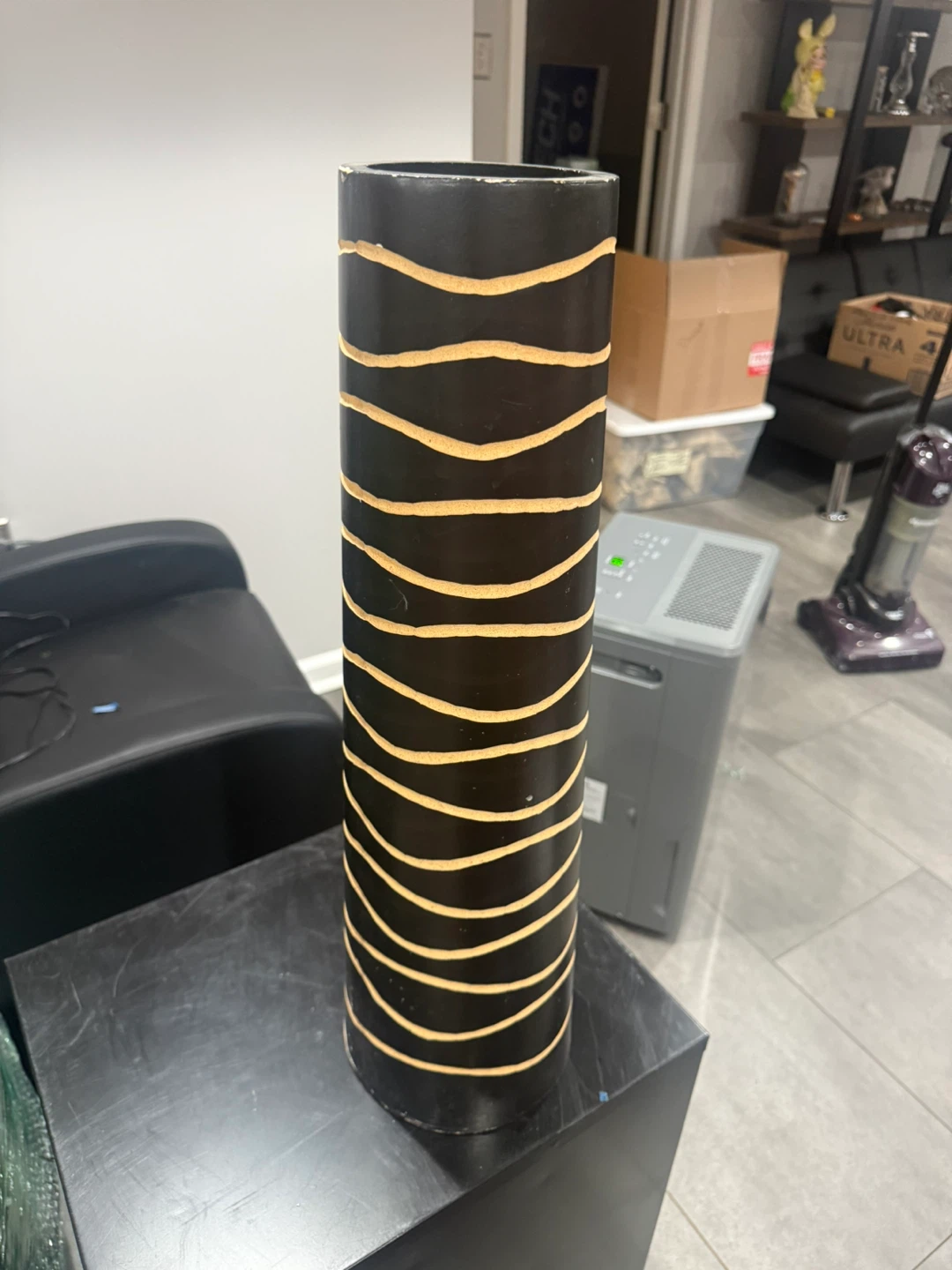 Black Vase with Gold Wave Design