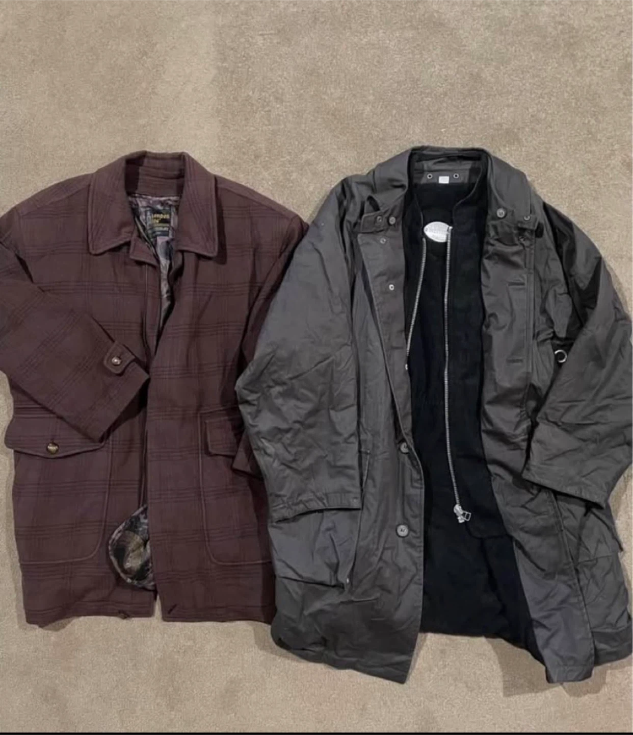 Men's Brown Plaid & Grey Coats, Khaki Trousers