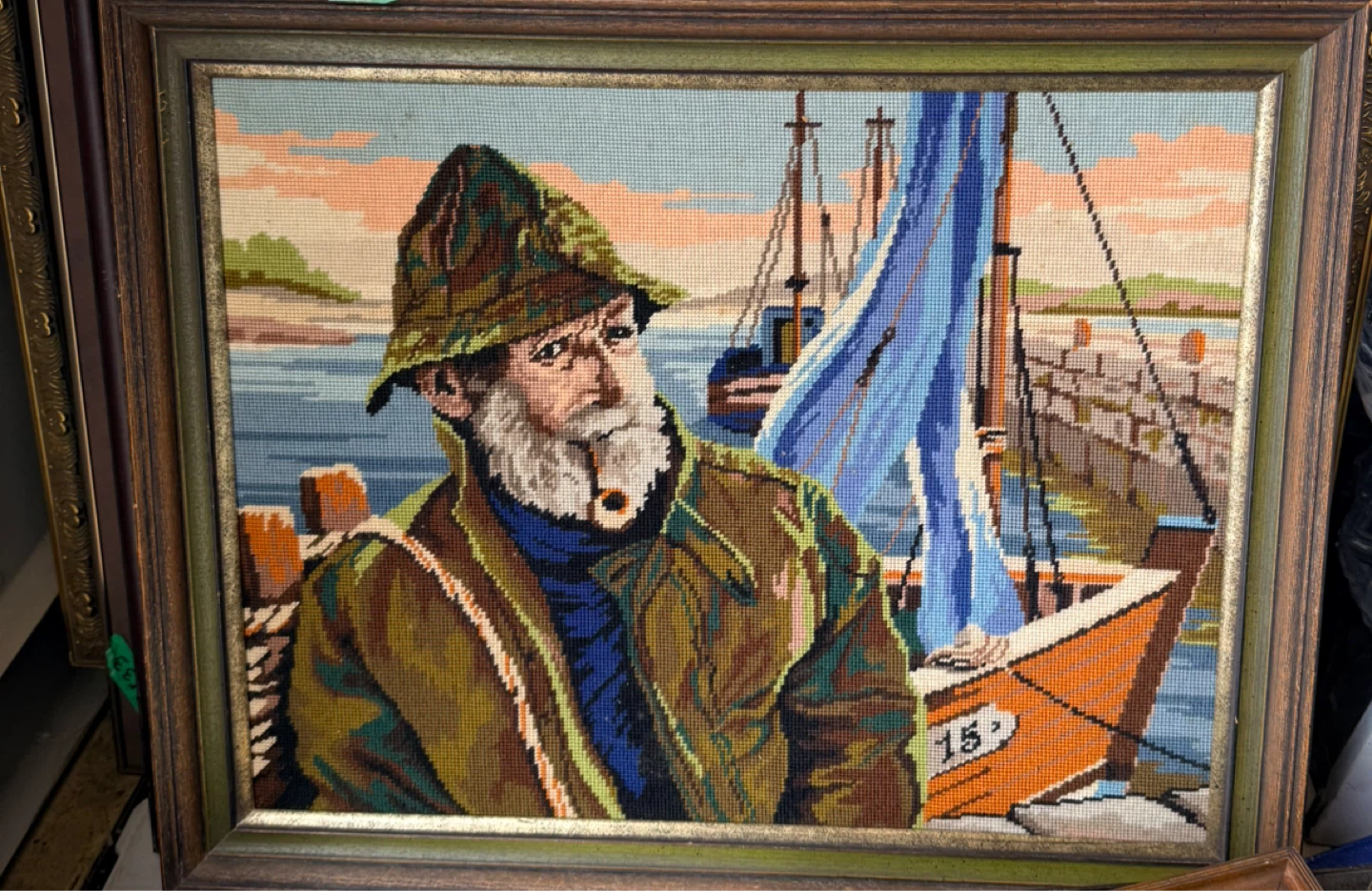 Vintage Needlepoint Art - Fisherman & Sailboat