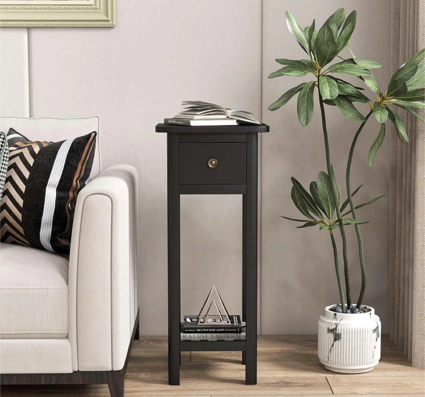 New in Box Narrow End Table with Drawer, Black