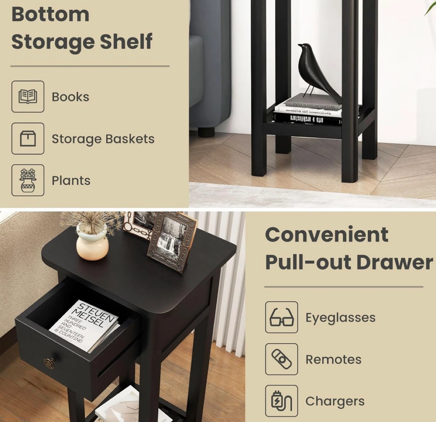 New in Box Narrow End Table with Drawer, Black - photo 3