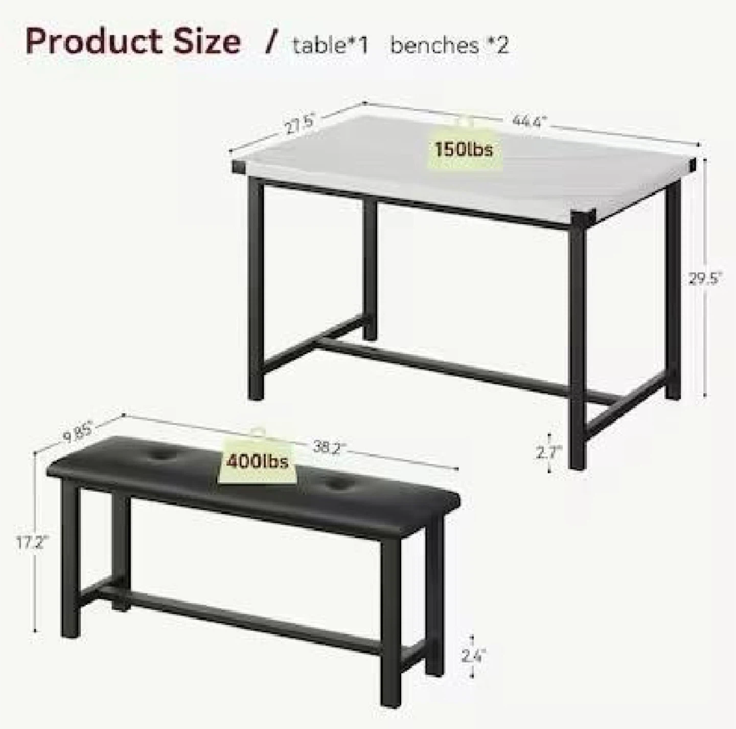 New in Box 3 Piece Kitchen Table Set with 2 bench - photo 2