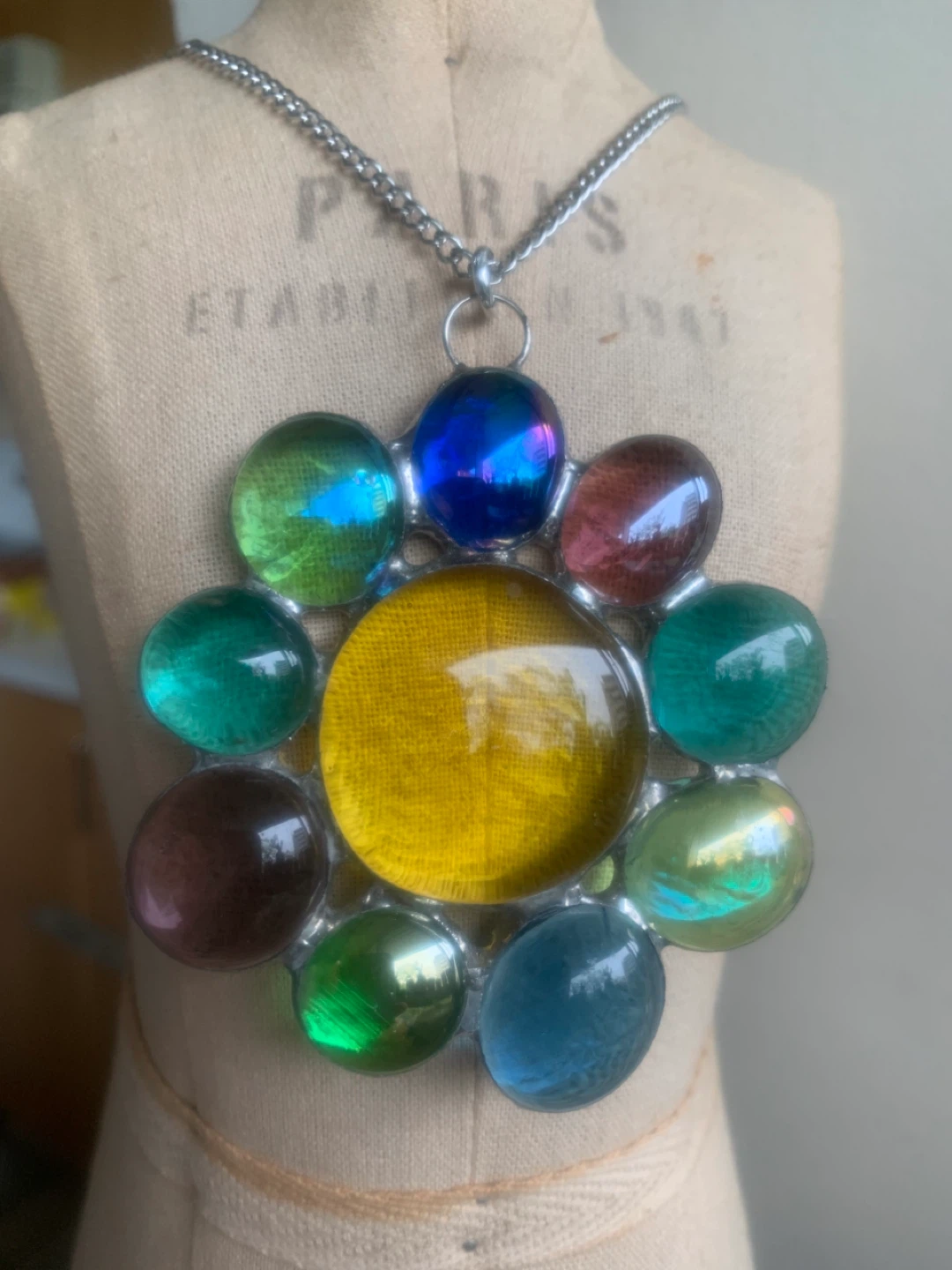 Vintage unique multi-coloured Flower Pendant Necklace