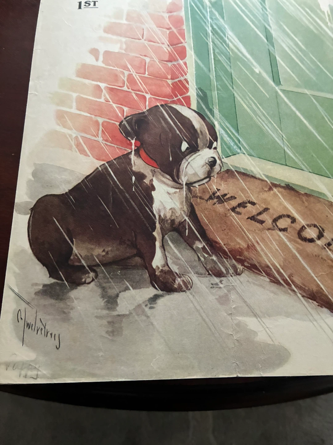 Boston Terrier dog vintage ad calendar Welcome puppy rain 1920s
