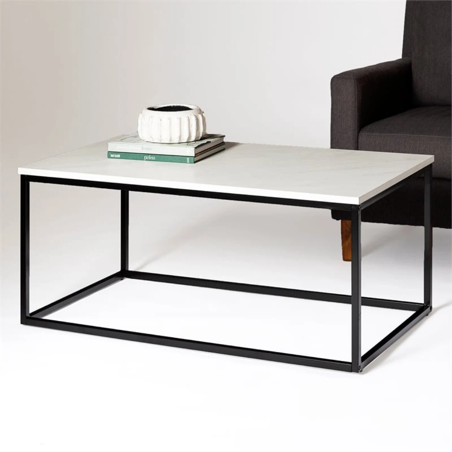 New Modern Coffee Table White Faux Marble with Black Metal Base - photo 4