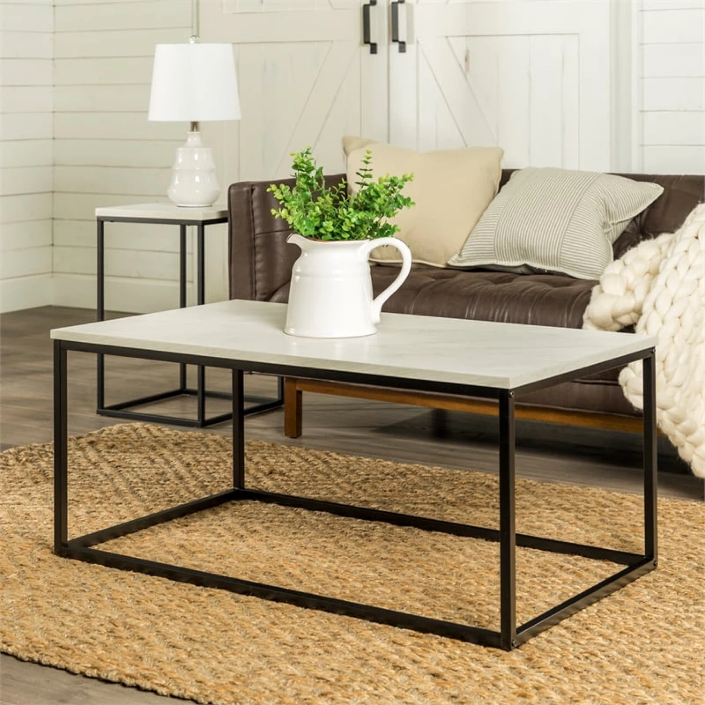 New Modern Coffee Table White Faux Marble with Black Metal Base - photo 3
