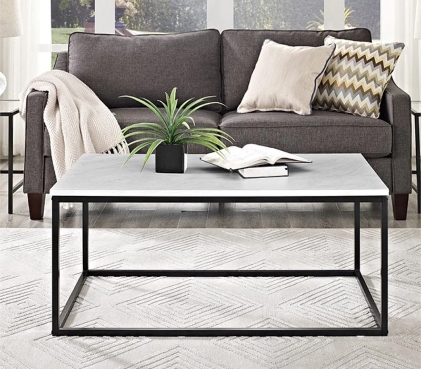 New Modern Coffee Table White Faux Marble with Black Metal Base