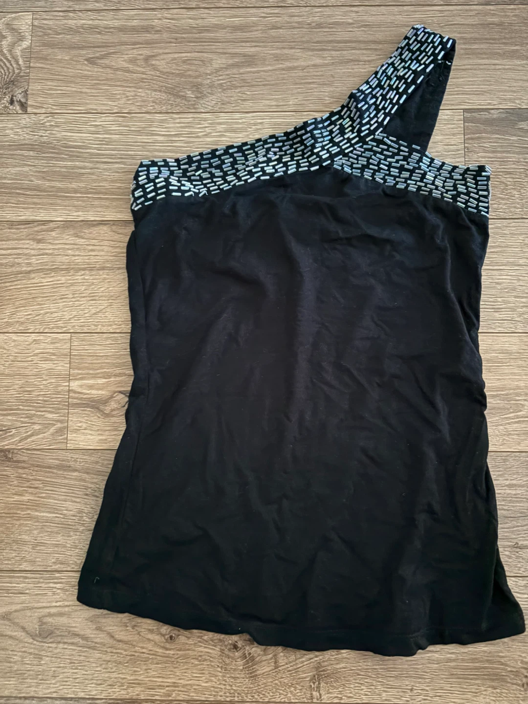 Black One-Shoulder Beaded Top