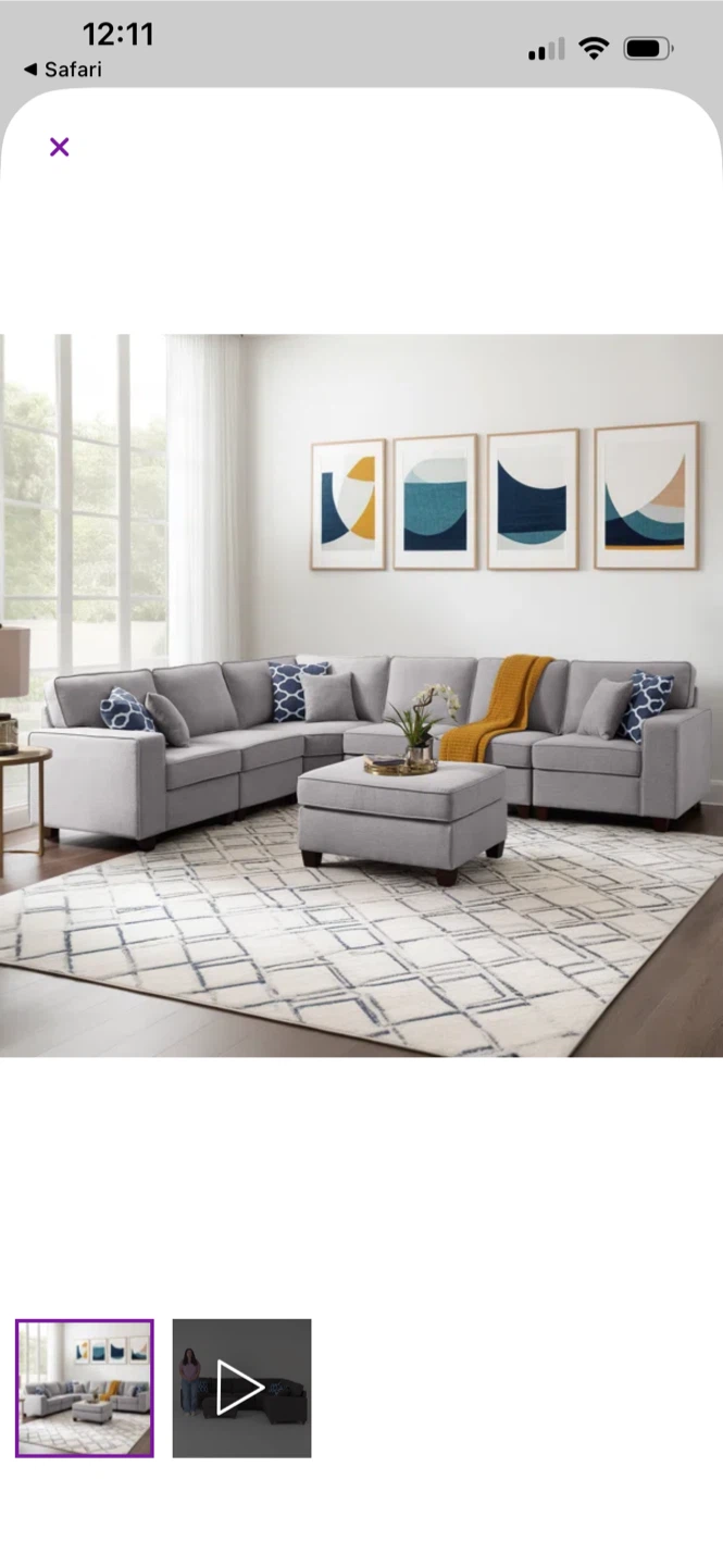 7-Piece Light Grey Linen Sectional Sofa with Ottoman