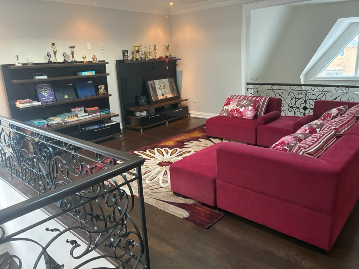 Red Sectional Sofa with Pillows, rug and shelves - photo 3