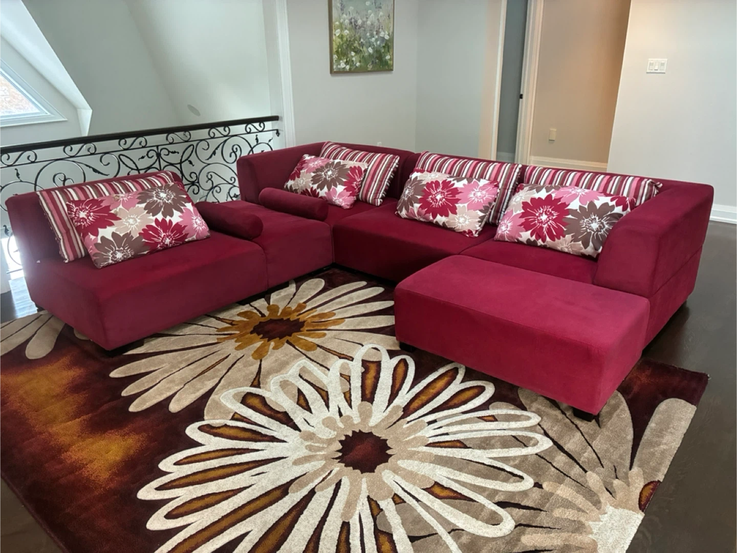 Red Sectional Sofa with Pillows, rug and shelves - photo 2