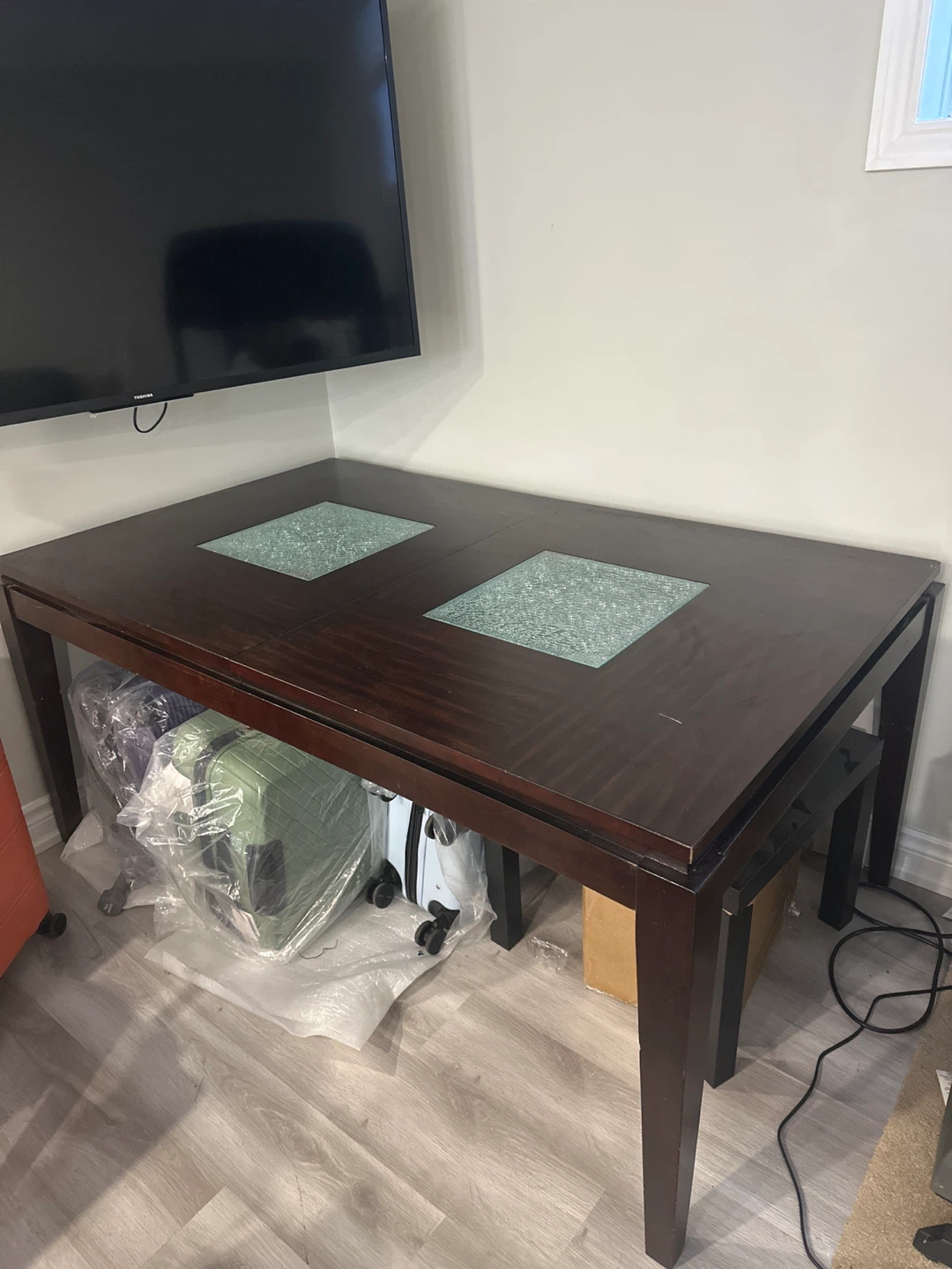 Dark Wood Dining Table with Glass Inserts