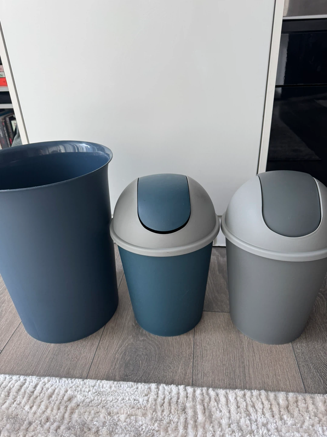 Set of 3 Blue & Grey Trash Bins