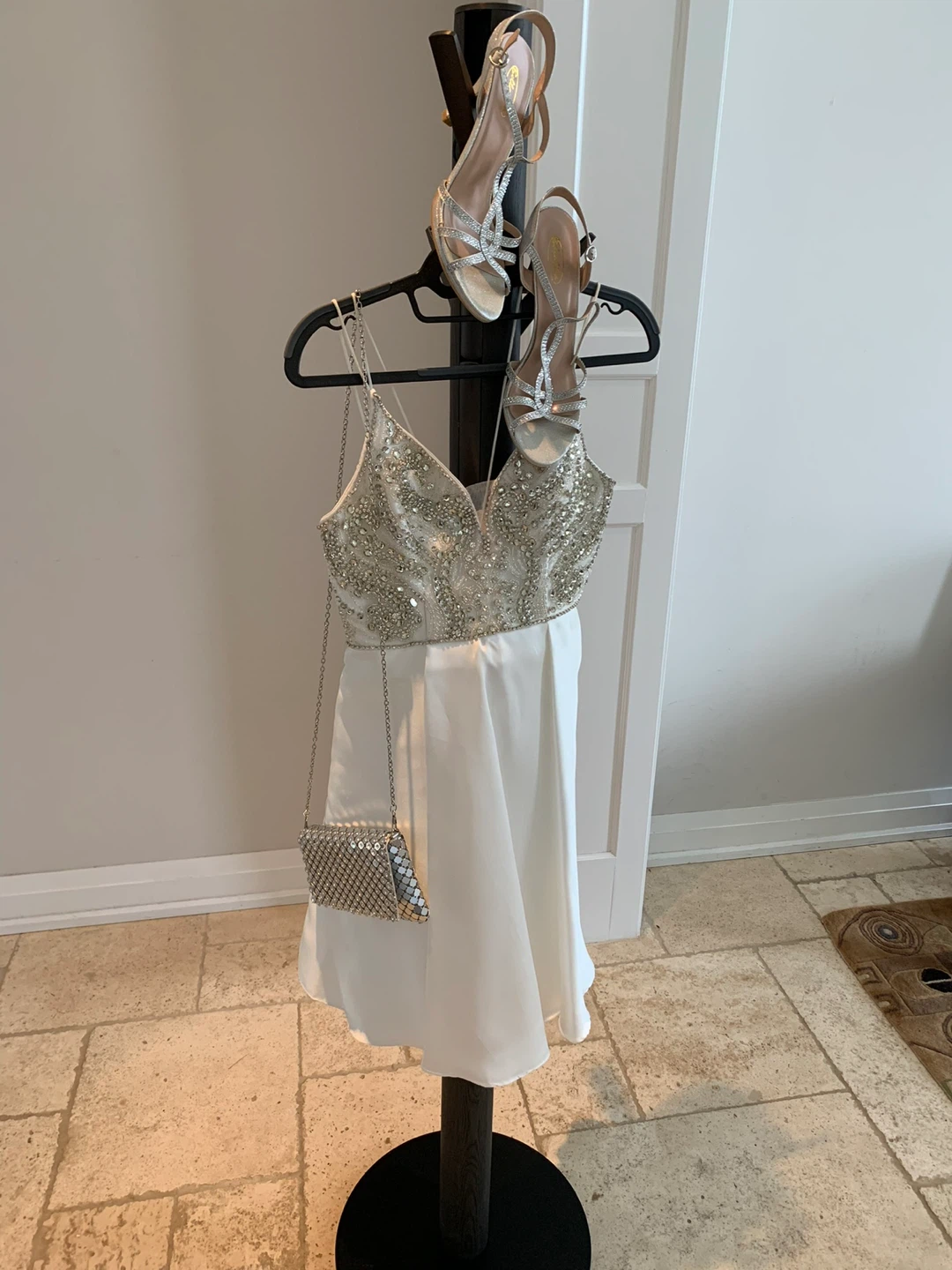 Formal dress size 4; Silver Heels - Size 40