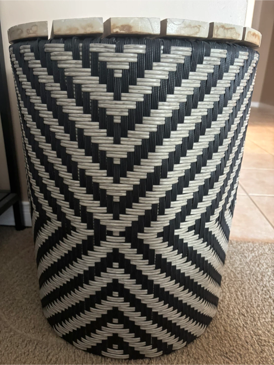 Black & White Woven Hamper with Wood Lid