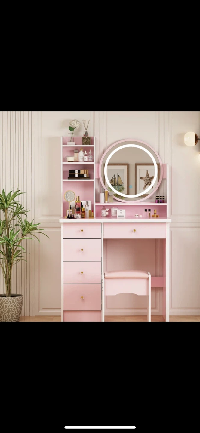 Pink Vanity Table with Lighted Mirror & Stool - Move out sale