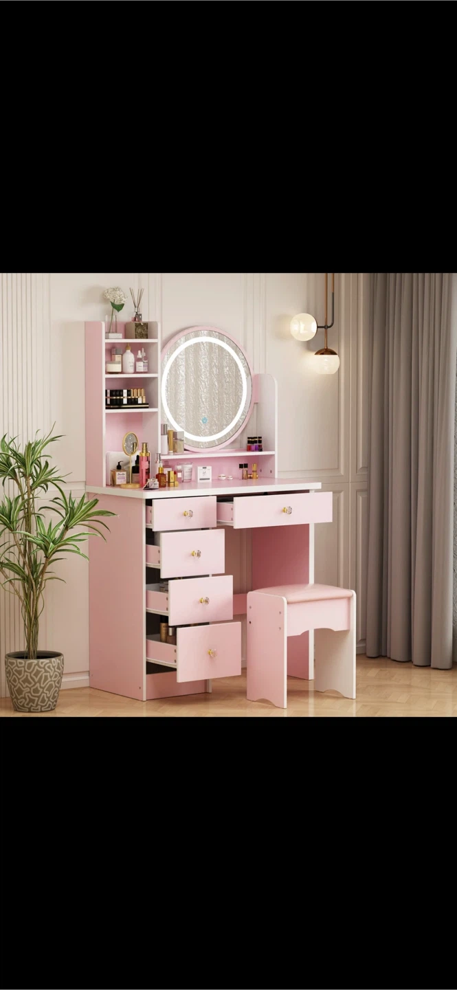 Pink Vanity Table with Lighted Mirror & Stool - Move out sale - photo 2