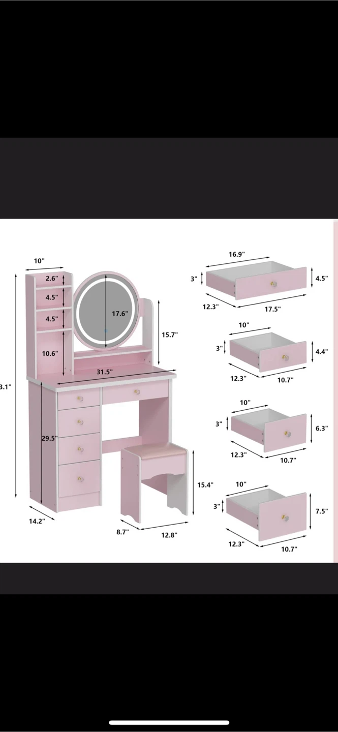Pink Vanity Table with Lighted Mirror & Stool - Move out sale - photo 3